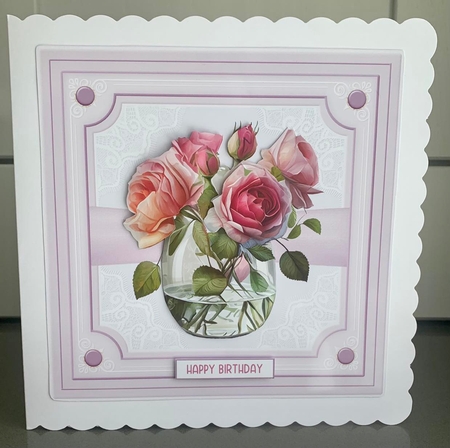 Pink roses in vase 7x7ins Decoupage Topper 4 by Elaine  Harmer