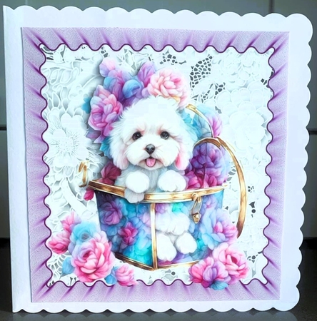 Cute White Puppy In Basket Of Purple Roses 8x8 (One) by Elaine  Harmer