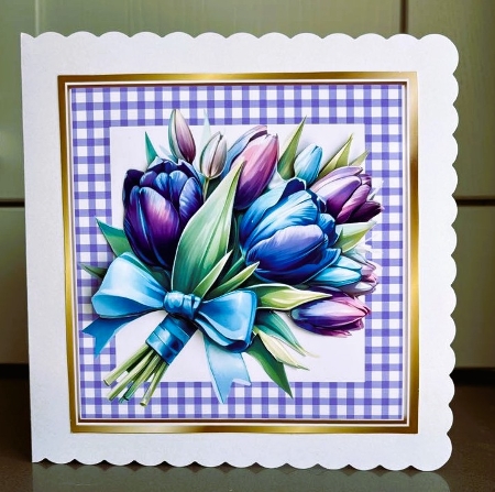 Pretty Rainbow Tulips In 7X7 Purple Gingham Frame (ONE) by Elaine  Harmer