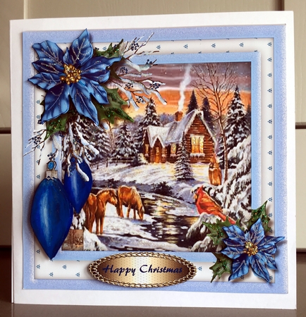 Blue Poinsettia and Christmas Scene by Elaine  Harmer