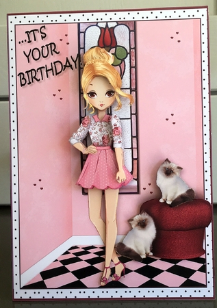 Its your Birthday! Fashion Girl Chillin with her Cats Card Front & Decoupage by Elaine  Harmer