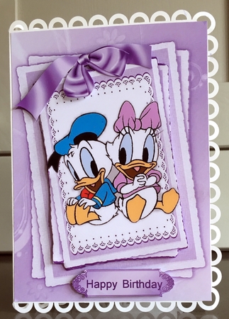 Cute pair of ducks with big bow on lace card front A5 by Elaine  Harmer