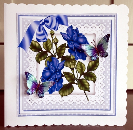 blue roses on lace with bow and butterflies 8x8 by Elaine  Harmer