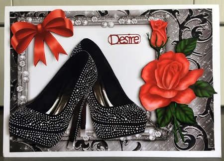 Black Diamante shoes with red rose A5 by Elaine  Harmer