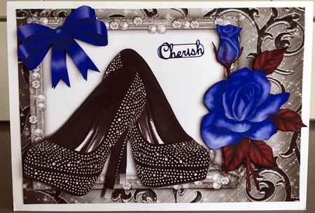 Black Diamante shoes with blue rose A5 by Elaine  Harmer