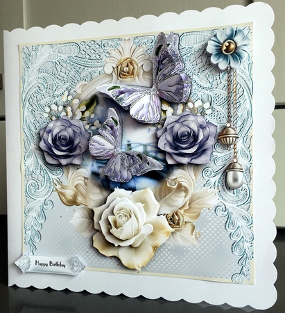 Butterfly and Lace on blue Card Front Kit by Elaine  Harmer