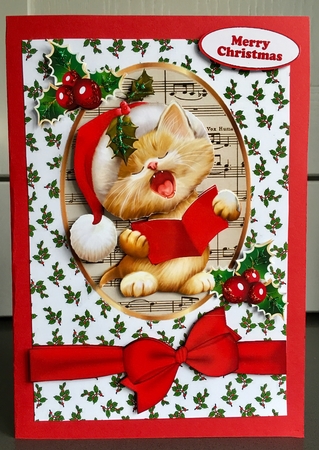 Cute kitty singing christmas carols with bow A5 by Elaine  Harmer