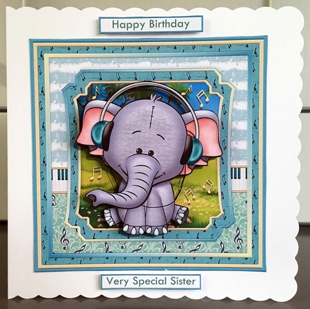 ELEPHANT WITH HEADPHONES 7.5 Decoupage Ages & Insert Kit by Elaine  Harmer