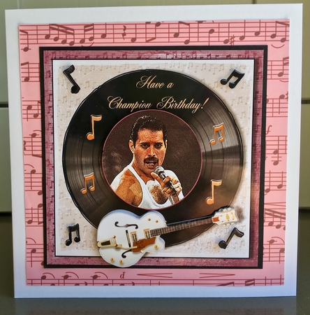 Freddie Mercury themed birthday card topper for 6 x 6 card with greeting Have a Champion Birthday by Elaine  Harmer