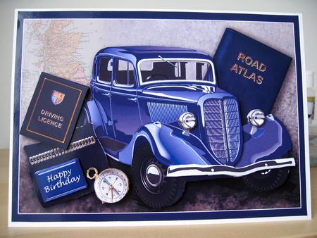 Classic Blue Car Decoupage, Birthday by Elaine  Harmer