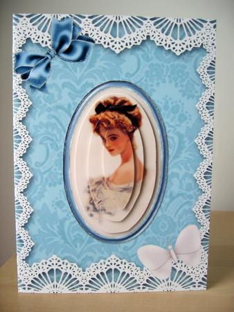 Vintage Duckegg Blue Damask Lace Blank Card by Elaine  Harmer