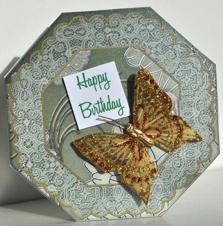 Oriental Green Bird Octagon Lace Locket Fold Card by Elaine Thompson