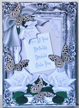 Inside Out Card Silver Frame White Roses and Butterflies by Elaine Thompson