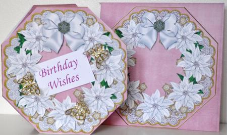 White Poinsettias Pink Lace Octagon Decoupage Card Kit by Elaine Thompson