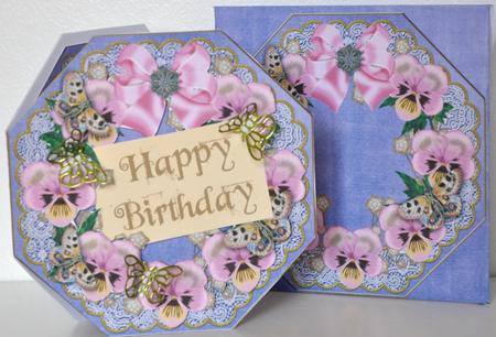 Pink Pansy Blue Lace Octagon Decoupage Card Kit by Elaine Thompson