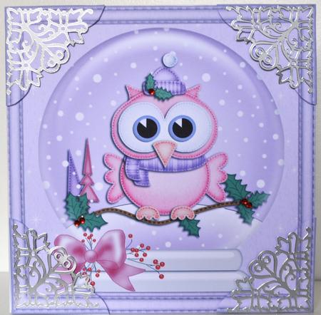 8 x 8 Xmas Little Hoot Snowglobe Scalloped Corner Topper by Elaine Thompson