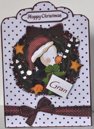 Penguin Wreath A5 Scallop Top Card Front with Step by Step by Elaine Thompson