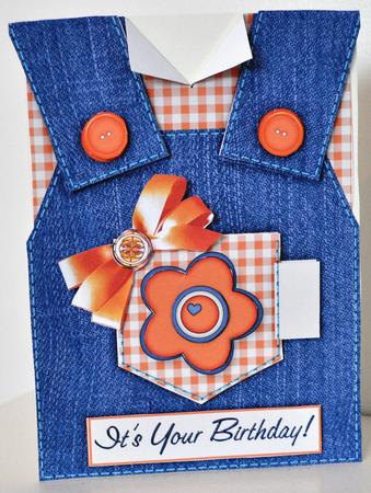 Country Overalls Denim Orange - Its Your Birthday - Card by Elaine Thompson