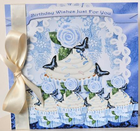 Birthday Card Front with Cupcakes and Roses by Elaine Thompson