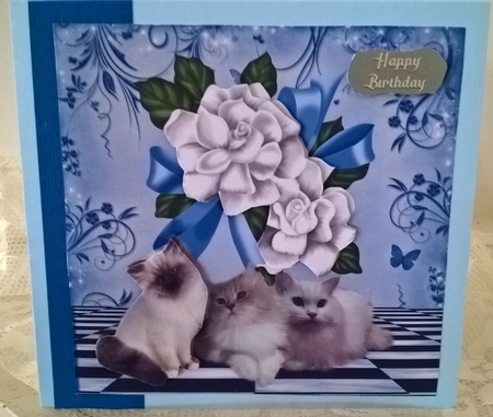 Cute Kitties with Bow & White Roses 8x8 by Elaine Yallop