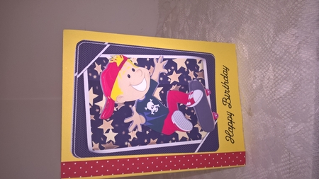 No Fear! Boy in Red on Skateboard with Gold Stars by Elaine Yallop