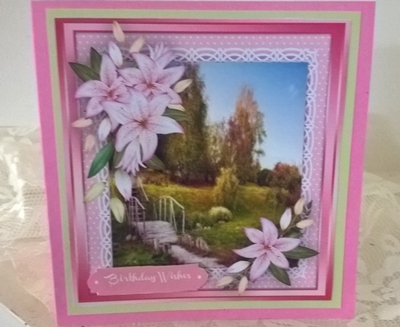 Beautiful Lillys in Garden Scene with Lace  by Elaine Yallop