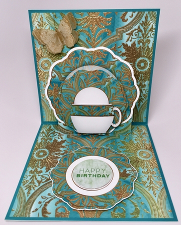Damask Dusky Teal 3D Tea Set Pop Up Card Kit by Elena Pavlova