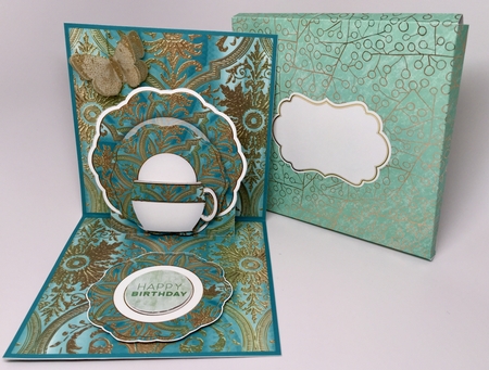 Damask Dusky Teal 3D Tea Set Pop Up Card Kit by Elena Pavlova