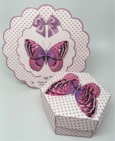 Pink and lilac butterflies rocker card and matching hexagonal gift box by Elena Pavlova
