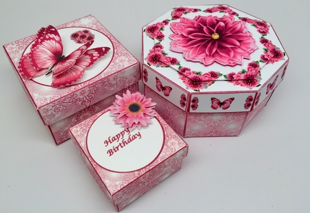Pink rose & daliah exploding box card with matching gift box. by Elena Pavlova