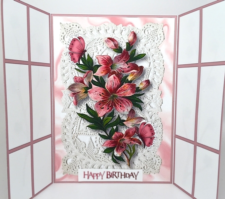 Pretty Pink Flowers on Ecru Lace, French Doors by Elena Pavlova