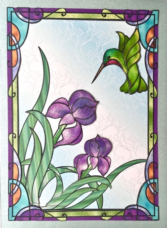 Stained Glass Iris Flowers & Humming Bird + Decoupage by Elena Pavlova