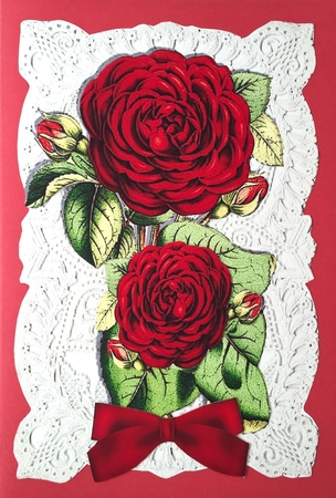 Beautiful Red Roses on Vintage Lace with Bow by Elena Pavlova
