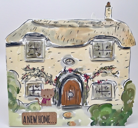 New Home Cottage-Shaped Card With Decoupage, 4 Sentiment Tags & Commercial Use by Elena Pavlova