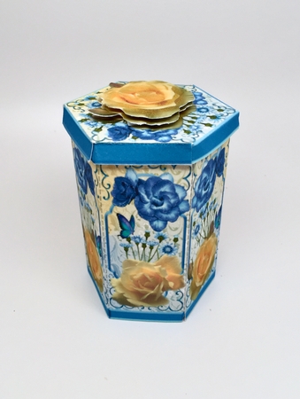 GORGEOUS TALL HEXAGONAL DECOUPAGE BOX - YELLOW ROSES by Elena Pavlova