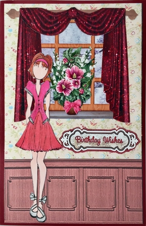 Mothers Day Flowers on windowsill 7x7 Red Curtains by Elena Pavlova
