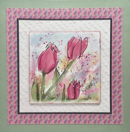PINK TULIPS: 7x7  Floral Tulip Decoupage Card Front With 4 Sentiment Tags & Commercial Use by Elena Pavlova
