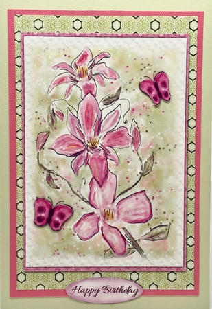 PINK CLEMATIS FLORAL QUICK CARD FRONT: 4 x 6 With Butterfly Decoupage, 13 Sentiment Tags & Commercial Use by Elena Pavlova