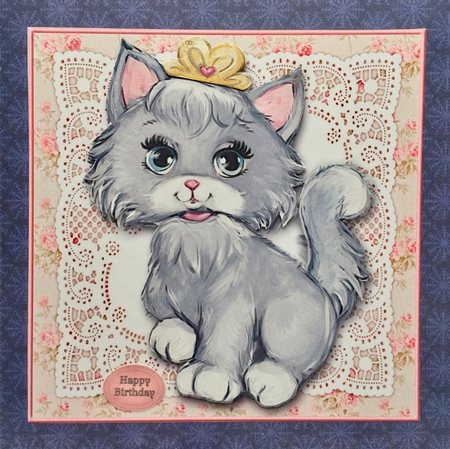 Cute Little Grey Kitty On Pink Vintage Lace Step By Step Topper by Elena Pavlova