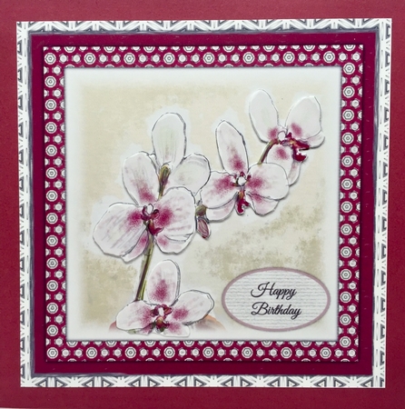ORCHIDS: 7x7 Birthday Quick Card With Orchid Decoupage, Blank Sentiment Tag & Commercial Use by Elena Pavlova