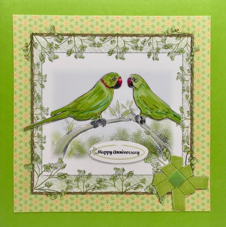 PAIR OF PARAKEETS: 7x7 Card Front For Anniversaries, Birthdays & More, With Decoupage, 8 Sentiment Tags & Commercial Use by Elena Pavlova