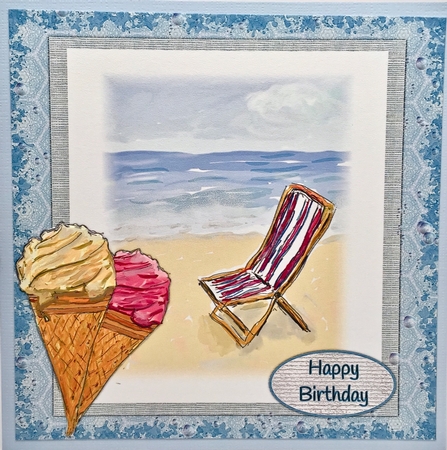 ICE CREAM ON THE BEACH: 7x7 Quick Card Front  With Decoupage, 6 Sentiment Tags & Commercial Use by Elena Pavlova