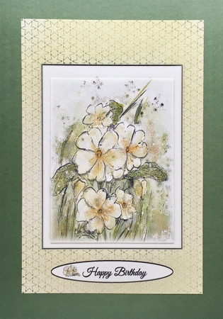 PRIMROSES: 4x6 Topper for Birthdays/Easter/Other Occasions, With Decoupage & 5 Sentiment Tags by Elena Pavlova