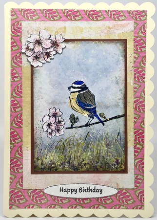 BLUE TIT & BLOSSOM: A5 Quick Card With Easy Decoupage & Commercial Use by Elena Pavlova