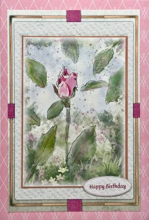 PINK ROSEBUD: 4x6 Birthday/Female Occasion Card With Decoupage, 11 Sentiment tags & Commercial Use by Elena Pavlova