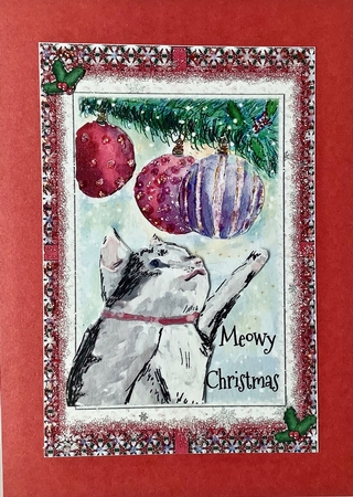CHRISTMAS CAT & BAUBLES: 4x6 Quick Card With Decoupage & 5 Sentiment Tags by Elena Pavlova