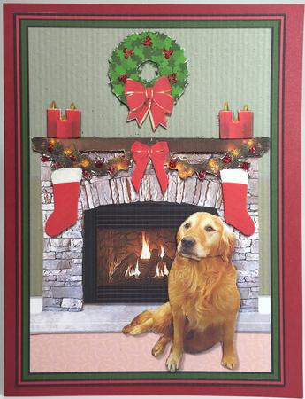 Golden Retriever Christmas Fire Place Scene by Elena Pavlova