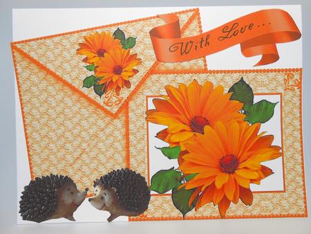 Orange Flowers with Hedgehogs on a Card with Envelopes by Elena Pavlova