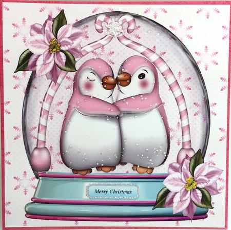 Cute Pink Penguins Cuddling in a Snow Dome with Poinsettias by Elena Pavlova
