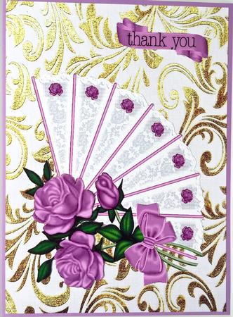 Beautiful Pink Roses on Lace Fan with Bow by Elena Pavlova